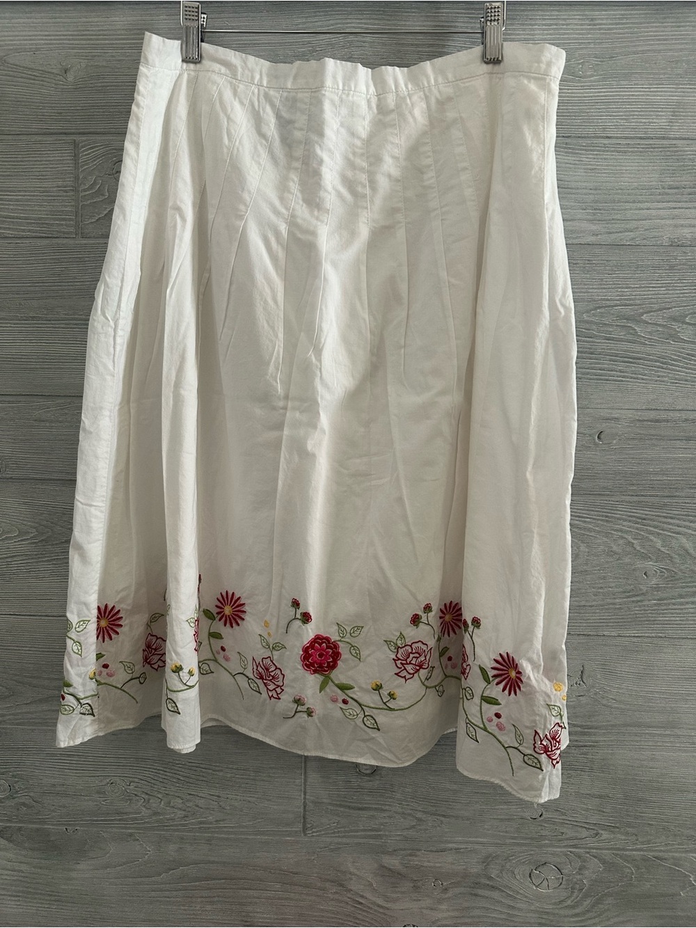 Mountain Lake White A-Line Skirt with Pink & Green Floral Embroidery